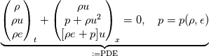 \underbrace{\begin{pmatrix}
           \rho \\
           \rho u \\
           \rho e 
         \end{pmatrix}_t +\begin{pmatrix}
           \rho u \\
           p+  \rho u^2 \\
            [ \rho e +p ] u
         \end{pmatrix}_x = 0 , \quad p=p(\rho,\epsilon) }_{:=\text{PDE}}