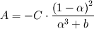 A = -C \cdot \frac{{( 1 - \alpha )}^2}{\alpha^3 + b}