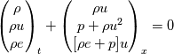 \begin{pmatrix}
           \rho \\
           \rho u \\
           \rho e 
         \end{pmatrix}_t +\begin{pmatrix}
           \rho u \\
           p + \rho u^2 \\
            [ \rho e +p ] u
         \end{pmatrix}_x = 0