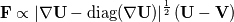 \mathbf{F} \propto \left| \nabla \textbf{U} - \textrm{diag}(\nabla \textbf{U}) \right|^{\frac{1}{2}} (\textbf{U} - \textbf{V})