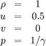 
\begin{matrix}
\rho &=& 1 \\
u &=& 0.5\\
v &=& 0\\
p &=& 1/\gamma
\end{matrix}
