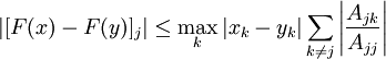
| [F(x) - F(y)]_j | \le \max_k | x_k - y_k | \sum_{k \ne j} \left| 
\frac{ A_{jk} }{ A_{jj}} \right|
