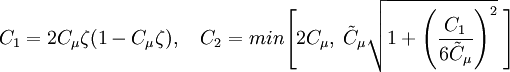 
C_1 = 2C_\mu \zeta (1-C_\mu \zeta), \quad C_2 = min \Biggl[ 2C_\mu,\; \tilde{C}_\mu \sqrt{1+\left( \frac{C_1}{6 \tilde{C}_\mu}\right)^2}\;\Biggr]
