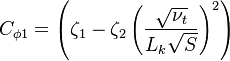 
C_{\phi 1}=\left(\zeta_{1}-\zeta_{2}\left(\frac{\sqrt{\nu_{t}}}{L_{k} \sqrt{S}}\right)^{2}\right)
