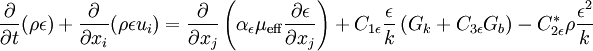 
\frac{\partial}{\partial t} (\rho \epsilon) + \frac{\partial}{\partial x_i} (\rho \epsilon u_i) = \frac{\partial}{\partial x_j} \left(\alpha_{\epsilon} \mu_{\rm eff} \frac{\partial \epsilon}{\partial x_j}\right) + C_{1 \epsilon}\frac{\epsilon}{k} \left( G_k + C_{3 \epsilon} G_b \right) - C_{2\epsilon}^* \rho \frac{\epsilon^2}{k}
