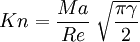 
Kn = \frac{Ma}{Re} \; \sqrt{ \frac{\pi \gamma}{2}}
